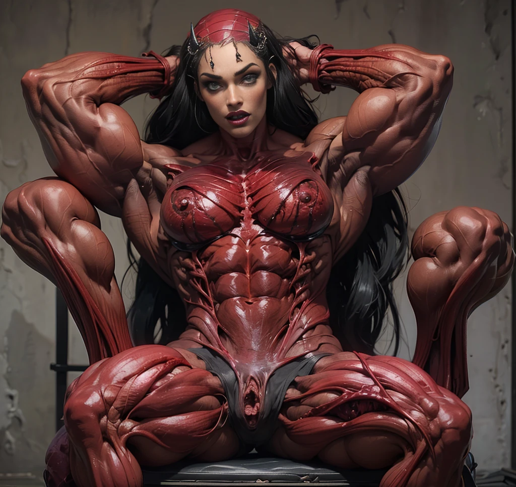 (1 skinless girl), (carnage skinless physique:1.5), (megan-fox:1.5), (1 super muscular undead skinless succubus with gigantic horns:1.5), (covered in red necrotic rotting skinless muscle:1.5), (exposed muscular anatomy:1.5), (perfect fingers:1.25),(8k, RAW photo, photorealistic:1.25), dark horrific scary atmosphere, hellish landscape, Hellraiser like atmosphere,, by bernie wrightson and christos achilleos and thomas cook; 64k