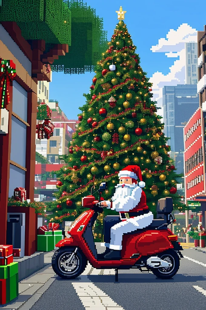 Generate a pixel art design for a t-shirt featuring Santa Claus on an electric scooter with a big bag of gifts, against the backdrop of a huge Christmas tree adorned with decorations and lights. O estilo geral deve ser semelhante ao Minecraft, e o fundo deve ser uma tela preta."