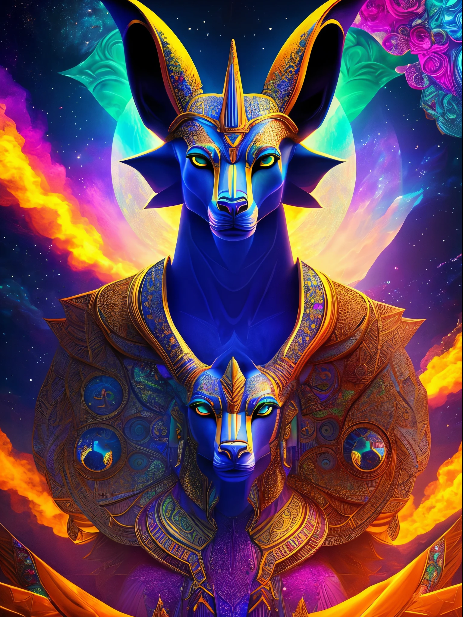 Mindblowing Art "Anubis in a psychedelic and surreal world, ultra-detailed, with vibrant colors and lighting effects, creating a masterpiece with 8k and 4k resolution. Anubis is depicted with intricate details, merging with the surroundings seamlessly. The artwork showcases Anubis under the influence of LSD, where space and time lose their boundaries. The scene exudes a sense of otherworldly beauty and mystique, combining the ancient Egyptian deity with a contemporary psychedelic aesthetic, creating a visually stunning and mind-altering experience."