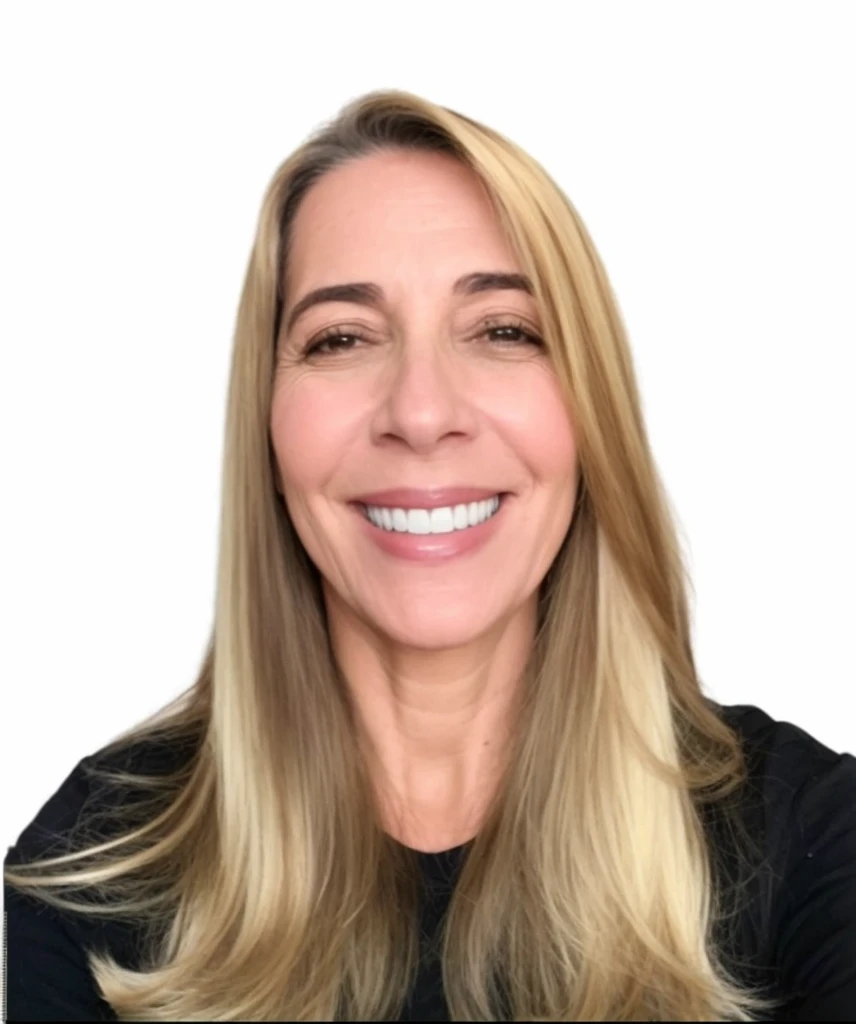 mulher loira cabelo liso e comprido 48 anos sorriso largo camiseta preta