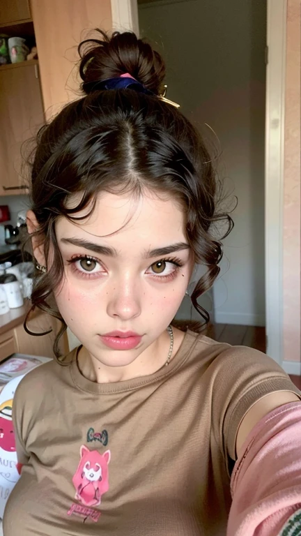 there is a young woman in a brown shirt and a pink shirt, Cerveza Soft Devil Queen Madison, Cerveza Madison, :: Cerveza Madison, Retrato de la chica cervecera de Madison, Hermosa cara latina, hermosa poarch, Retrato Sophie Mudd, 18 years old, Piel de oliva impecable, Cara impecable, Foto de perfil de la foto de cabeza, Parece una mezcla de grimes