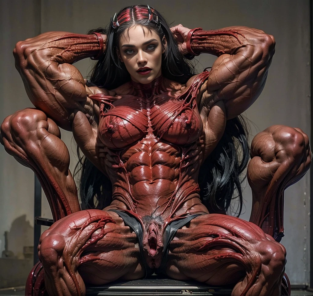 (1 skinless girl), (carnage skinless physique:1.5), (megan-fox:1.5), (1 super muscular undead skinless succubus with gigantic horns:1.5), (covered in red necrotic rotting skinless muscle:1.5), (exposed muscular anatomy:1.5), (perfect fingers:1.25),(8k, RAW photo, photorealistic:1.25), dark horrific scary atmosphere, hellish landscape, Hellraiser like atmosphere,, by bernie wrightson and christos achilleos and thomas cook; 64k