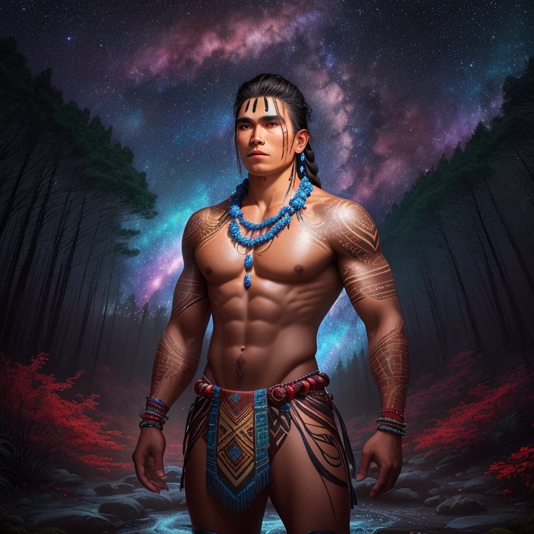 Strong indigenous male warrior standing in a forest with a swirling starry sky, galaxy, forest, glowing flowers, towering trees, water way, flowing creek, no shirt, wearing long brief cloth, beaded necklace, red skin tattoos, ethereal, high definition, dreamlike