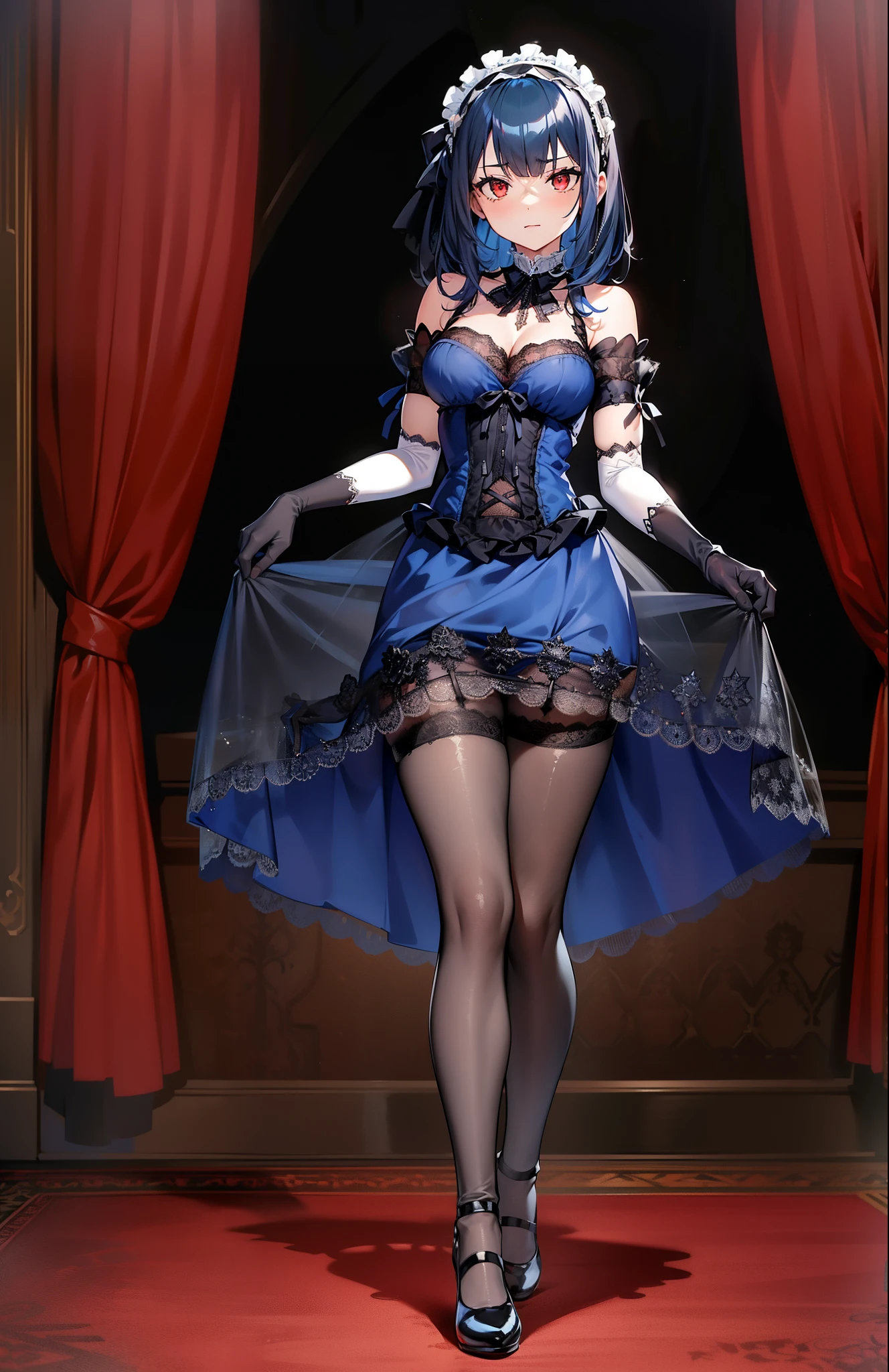girl,beautiful face, ((medium hair)), best quality,  ta hairband,  living room, {{{gothic loli},  facing viewer, expressionless, mind control, affectionate, mature female, messy hair, {{{dark blue hair}}}, ((blue hair)),medium breasts, (((red eyes))), {{{black clothes}}}, lace-trimmed gloves, lace-trimmed dress, gothic, the pose,  v arms, clenched hands, detailed eyes, full body, evil smile, (((((elbow gloves))))),  {{leg ribbon}}, frills, masterpiece,short sleeves, dark room, lace-trimmed sleeves, giggling,  standing, see-through skirt, pantyhose, lolita fon, juliet sleeves, evening, night, victorian, pigeon-toed, (see-through), ((see-through cleavage)),((((black gloves))))