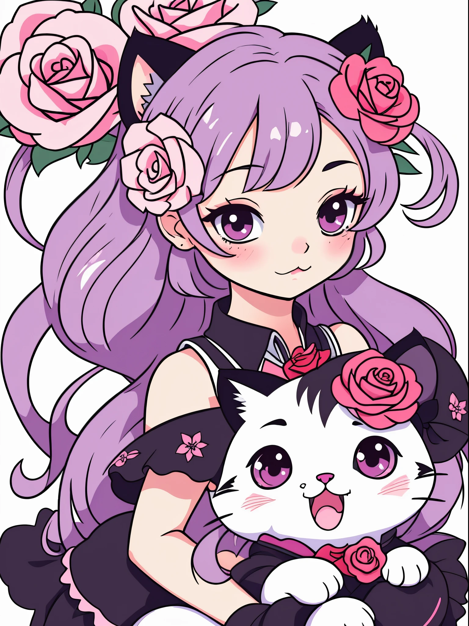 Cute vector kitten with rose flower, style anime, M Jenny style, digital illustration art, On the way to perfection, It is very detailed;; sharp-focus, illustartion, 4k resolution, ((whitebackground))