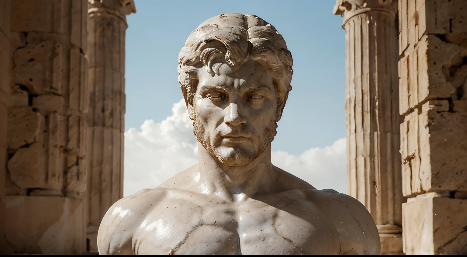 Estatua griega de marmol blanca estoica, mostrando sus biceps, mirada dominante hacia al frente, Brazos fuertes, HERCULES STYLE, kinematics, 8k, fondo oscuro GRECIA