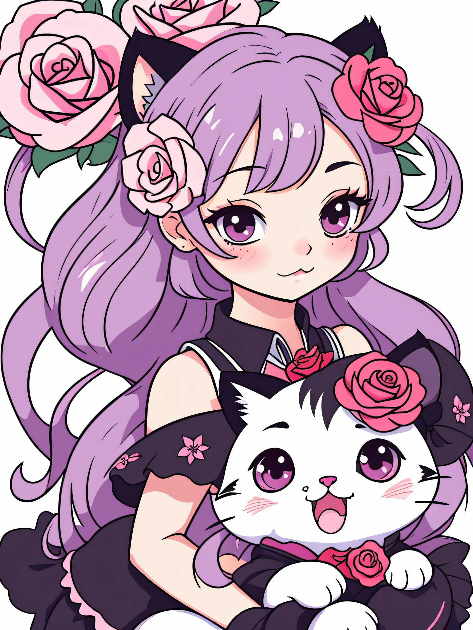Cute kitten vector with rose flower, style anime, M Jenny style, digital illustration art, On the way to perfection, It is very detailed; sharp-focus, illustartion, 4k resolution, ((whitebackground))