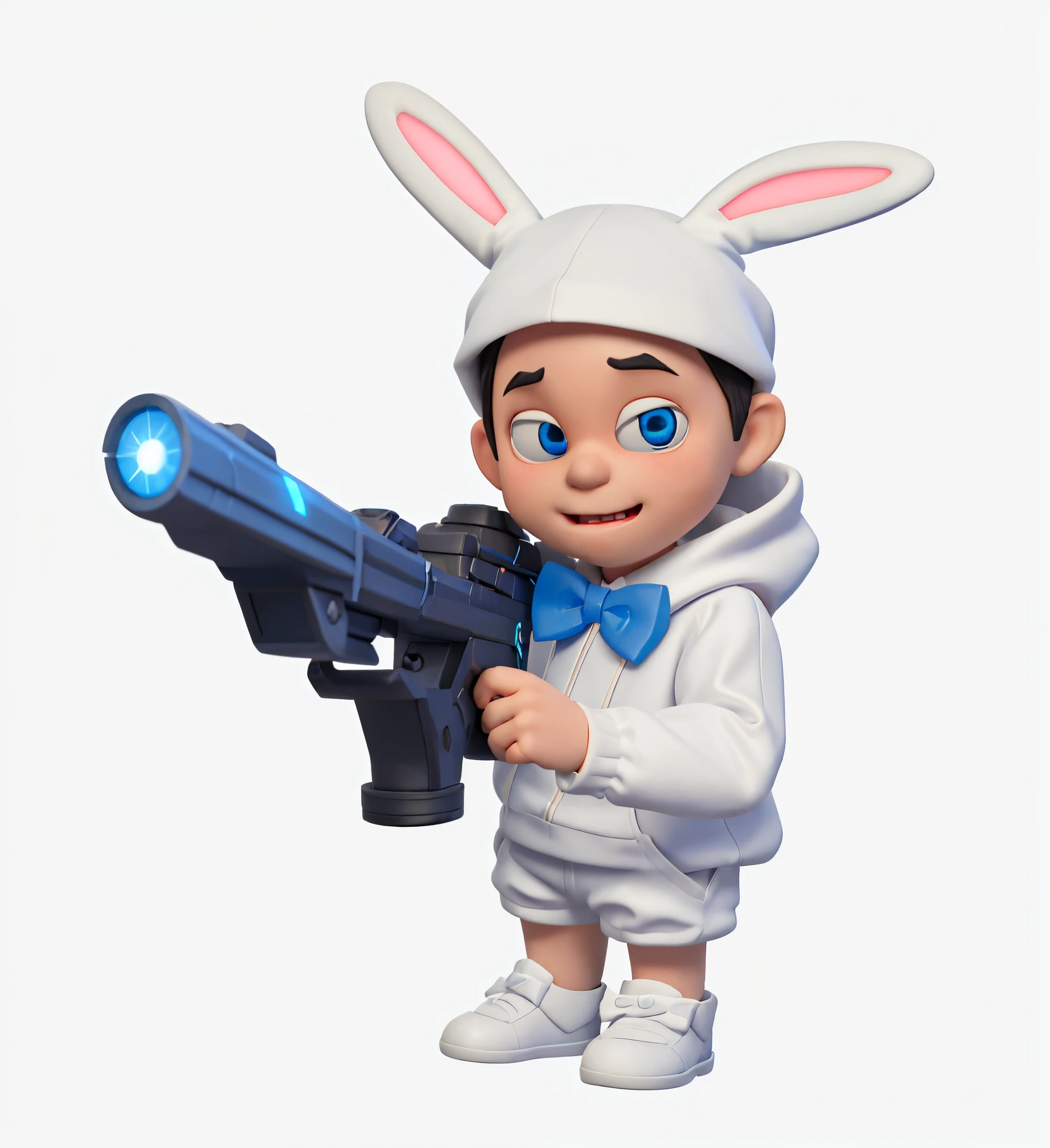 a boy wearing a white hoodie with bunny ears, blue bowtie, white shorts, holding a futuristic laser gun, disney pixar art style, 3d render, movie quality
