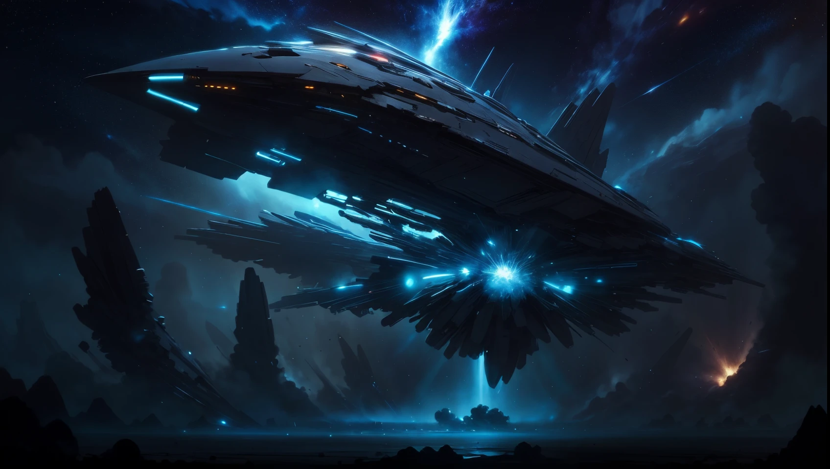 an exploding star，A lot of spaceships，with black background，The background is empty，spaceship view