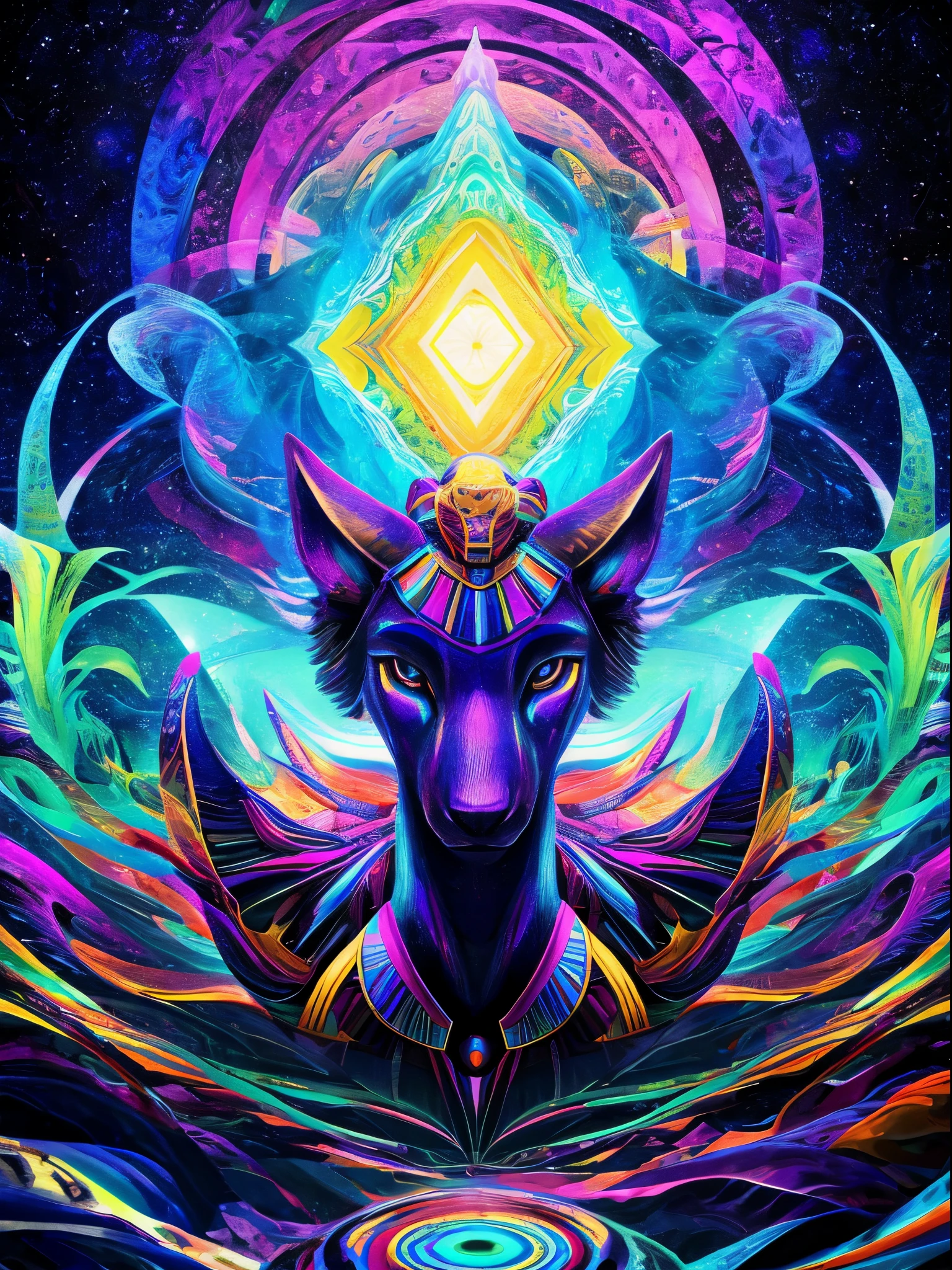 Mindblowing Art "Anubis in a psychedelic and surreal world, ultra-detailed, with vibrant colors and lighting effects, creating a masterpiece with 8k and 4k resolution. Anubis is depicted with intricate details, merging with the surroundings seamlessly. The artwork showcases Anubis under the influence of LSD, where space and time lose their boundaries. The scene exudes a sense of otherworldly beauty and mystique, combining the ancient Egyptian deity with a contemporary psychedelic aesthetic, creating a visually stunning and mind-altering experience."