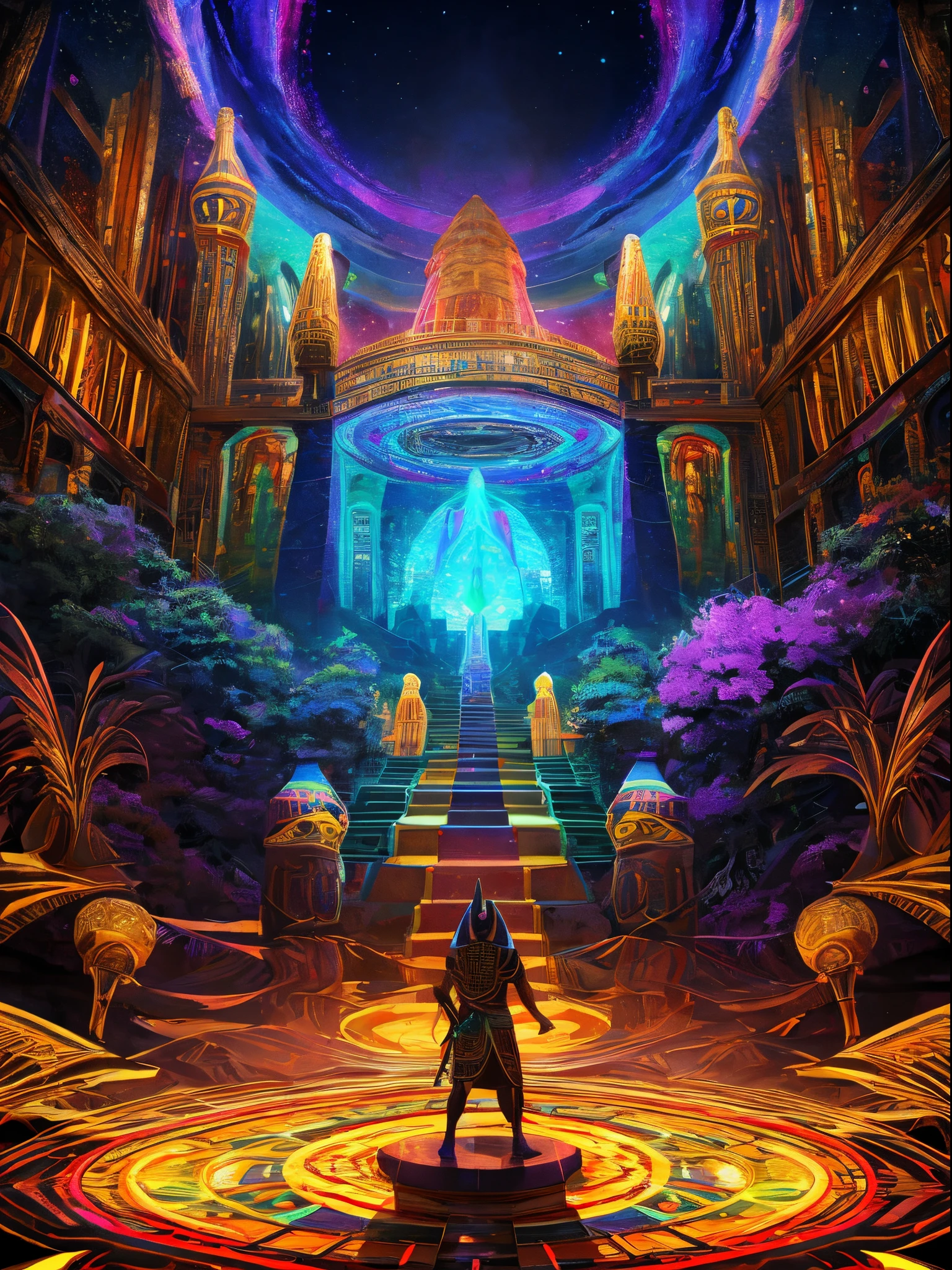 Mindblowing Art "Anubis in a psychedelic and surreal world, ultra-detailed, with vibrant colors and lighting effects, creating a masterpiece with 8k and 4k resolution. Anubis is depicted with intricate details, merging with the surroundings seamlessly. The artwork showcases Anubis under the influence of LSD, where space and time lose their boundaries. The scene exudes a sense of otherworldly beauty and mystique, combining the ancient Egyptian deity with a contemporary psychedelic aesthetic, creating a visually stunning and mind-altering experience."