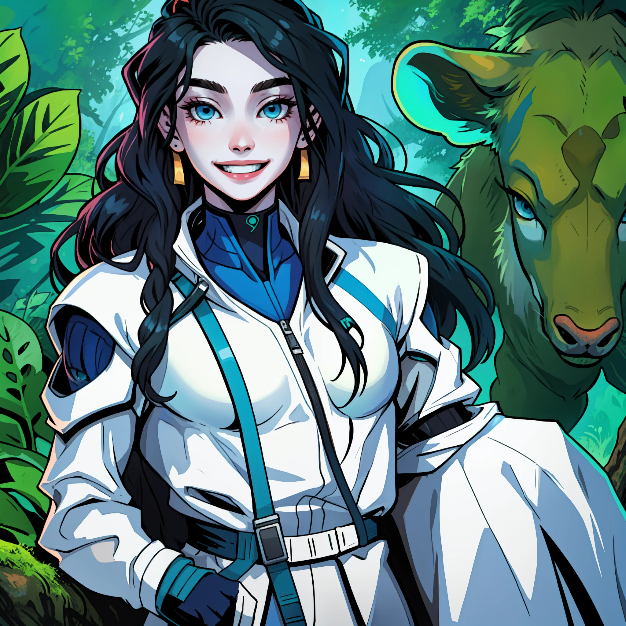 marvel comic panel, female, , long hair blue, bambi eyes style green blue eyes, pale skin, smiling, in a white superhéroe suit with blue details, douyin face