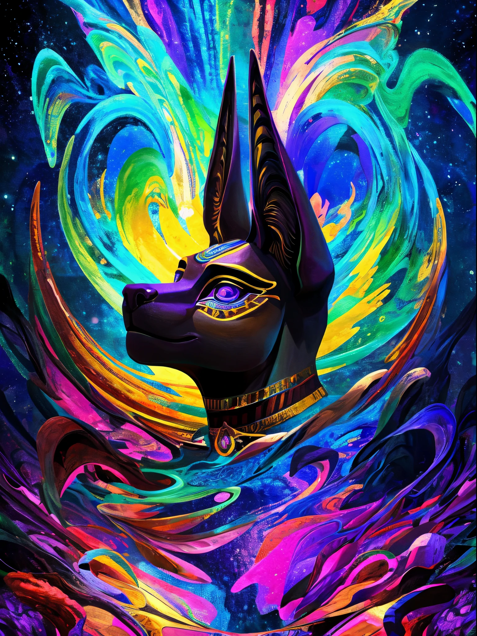 Mindblowing Art "Anubis in a psychedelic and surreal world, ultra-detailed, with vibrant colors and lighting effects, creating a masterpiece with 8k and 4k resolution. Anubis is depicted with intricate details, merging with the surroundings seamlessly. The artwork showcases Anubis under the influence of LSD, where space and time lose their boundaries. The scene exudes a sense of otherworldly beauty and mystique, combining the ancient Egyptian deity with a contemporary psychedelic aesthetic, creating a visually stunning and mind-altering experience."