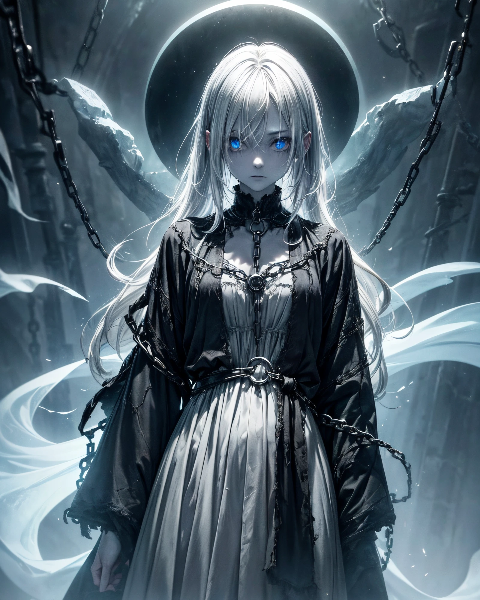 (((creature with a spectral and ghostly appearance)). Her skin is pale, almost translucent. His eyes shine with a bluish glow, he wears dark, torn clothes that float around him, as if permeated by an aura of mourning. Its appearance is complemented by details such as chains, symbols of mourning and gothic elements, further emphasizing its dark air. is portrayed as a haunted and tormented entity,{creature}