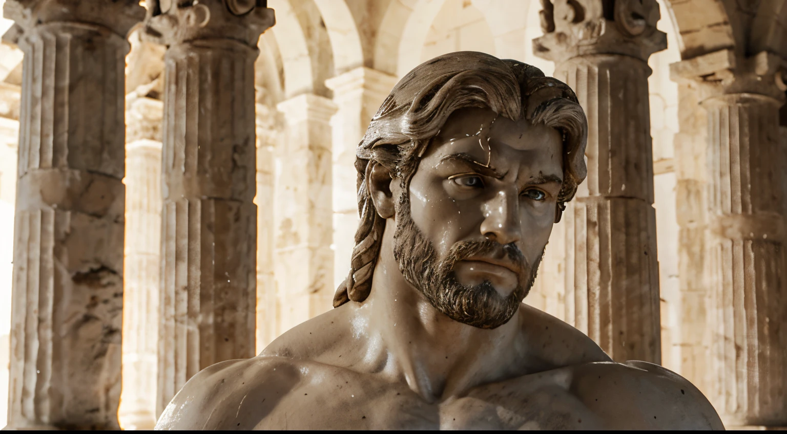 Estatua griega de marmol blanca estoica, mostrando sus biceps, mirada dominante hacia al frente, Brazos fuertes, HERCULES STYLE, kinematics, 8k, fondo oscuro GRECIA