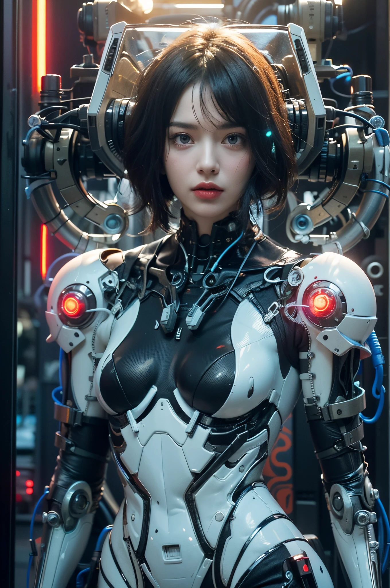 Top quality, Masterpiece, ultra-high resolution, ((photorealistic: 1.4), rAW photo, 1 cyberpunk android Girl, glowing skin, (Ultra realistic details)), mechanical limbs, Tubes connected to mechanical parts, Mechanical vertebrae attached to the spine, mechanical cervical attachment to the neck, wires and cables connecting to the head, Evangelion, ((Ghost in the shell)), small bright LED lamps, global illumination, Deep shadows, octane rendering, 8k, ultra Sharp, Metal, Intricate ornamental details, Baroque details, Very intricate details, Realistic light, CGSoation trend, facing camera, neon details, (Android factory in background), art by H.r. Giger and Alphonse Mucha.white hair, all ultra white, luminous ultra blue eyes