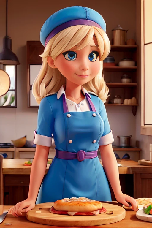 (((femme))) Pizzaiola blonde italienne, yeux bleus, en uniforme pizzaiola, avec tablier et CHAPEAU DE CUISINIER, AT THE CUISINE INTERIOR , Gros plan, regardan de face avec le spectateur