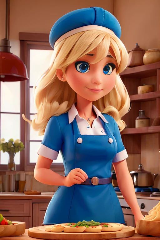 (((femme))) Pizzaiola blonde italienne, yeux bleus, en uniforme pizzaiola, avec tablier et CHAPEAU DE CUISINIER, AT THE CUISINE INTERIOR , Gros plan, regardan de face avec le spectateur