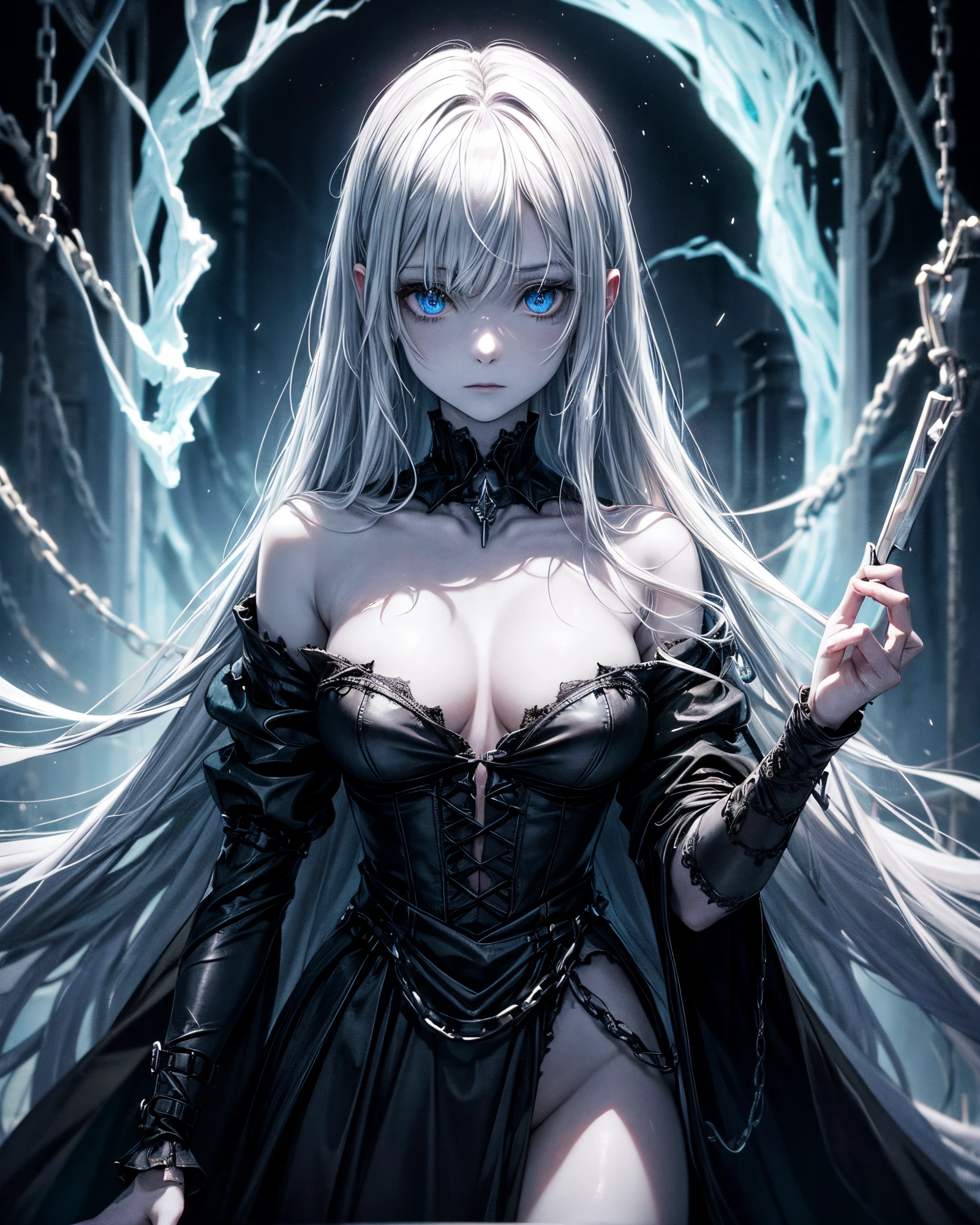 ((not human)), creature, with a spectral and ghostly appearance. Her skin is pale, almost translucent. His eyes shine with a bluish glow, he wears dark, torn robes that float around him, as if permeated by an aura of mourning. Its appearance is complemented by details such as chains, symbols of mourning and gothic elements, further emphasizing its dark air. She is portrayed as a haunted and tormented entity,