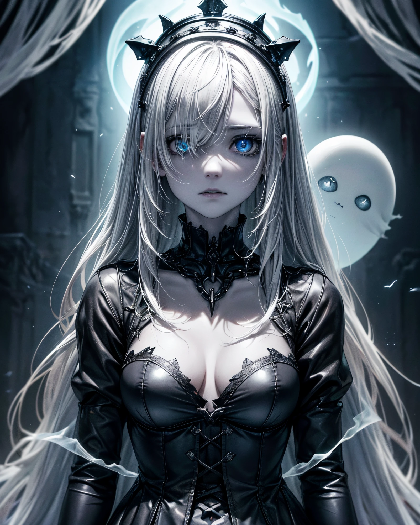 [Eu quero uma criatura com esse comando],((("creature",with a spectral and ghostly appearance)). Her skin is pale, almost translucent. His eyes shine with a bluish glow, he wears dark, torn clothes that float around him, as if permeated by an aura of mourning. Its appearance is complemented by details such as chains, symbols of mourning and gothic elements, further emphasizing its dark air. is portrayed as a haunted and tormented entity,{creature}