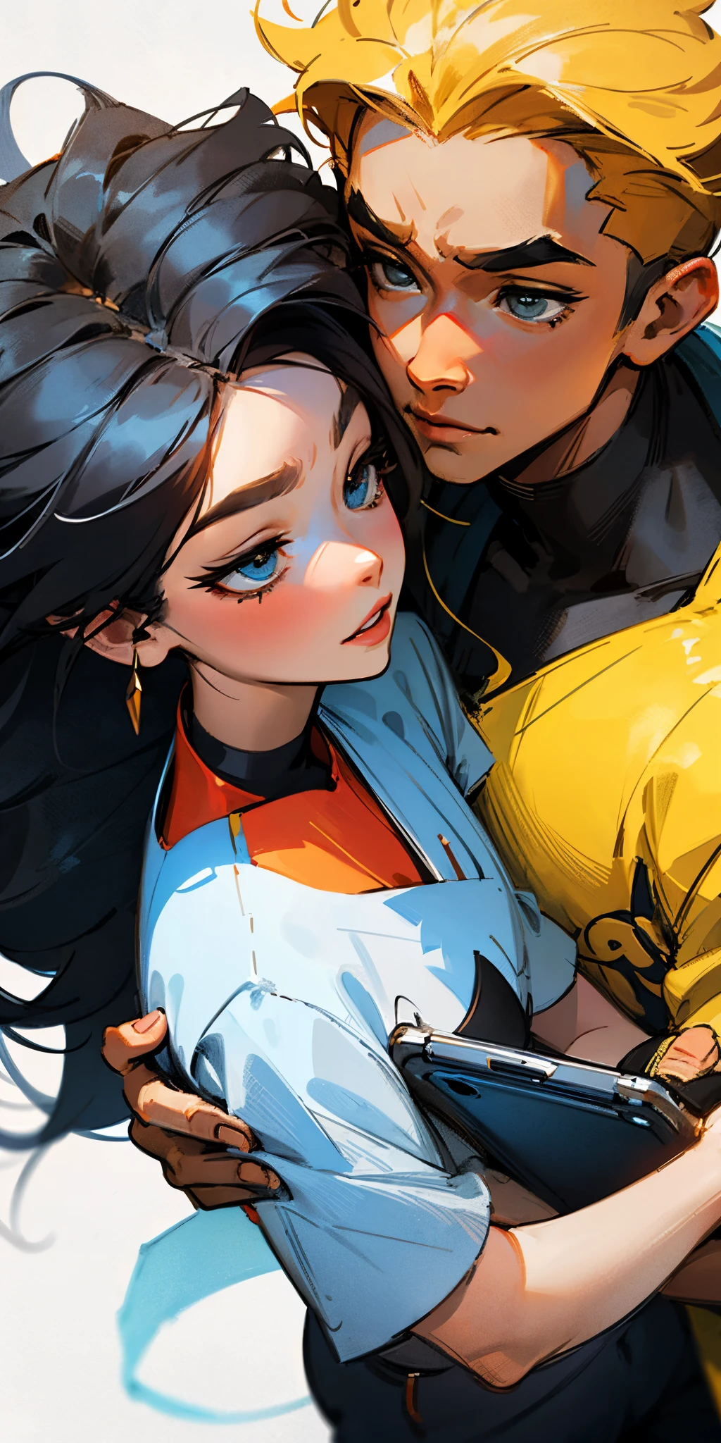 Young black couple playing mobile legends anime version