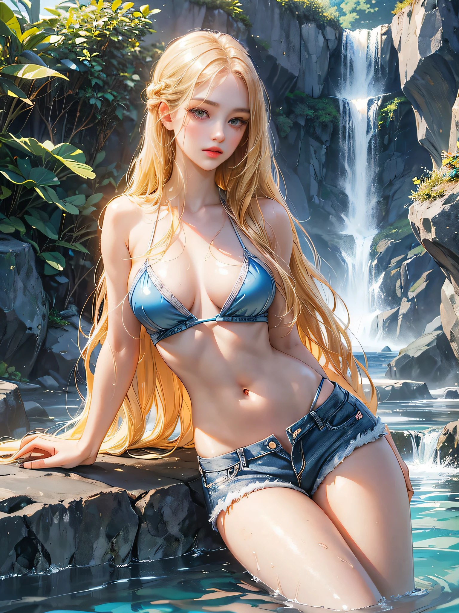 A girl, long blonde hair, wavy hair, no bangs, grey eyes, beautiful girl, detailed eyes, detailed face, detailed hands, looking at the viewer. Ultra High Quality Version