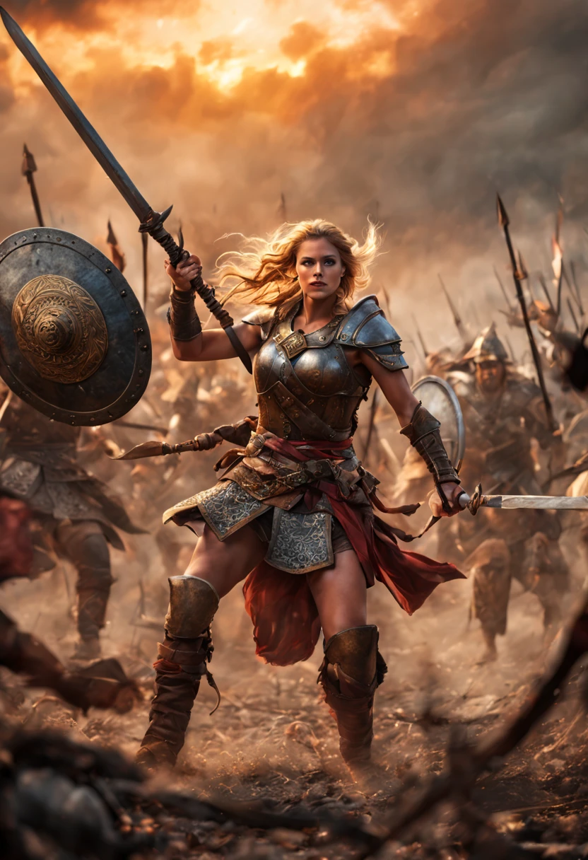 best quality,ultra-detailed,realistic,vivid colors,masterpiece:1.2,studio lighting,HDR,bokeh,freyja diosa vikinga luchando en una guerra contra un ejercito enemigo,2girls,strong and confident,ancient battle scene,detailed armor and weapons,expressive faces,fierce warriors,wild nature background,majestic landscape,fallen enemies on the ground,clouds of dust and smoke,thunderous atmosphere,muscular and powerful warriors,splattered blood on weapons,brilliant sunset lighting,action-packed scene,mysterious rune symbols,mythical creatures,howling wind,heavy rain,emotion-filled battle cries,intense fighting,heroic battle poses,gritty texture,mythological essence,dynamic composition,warriors charging forward with swords and shields,valor and honor,overwhelming strength and power,courage and bravery.