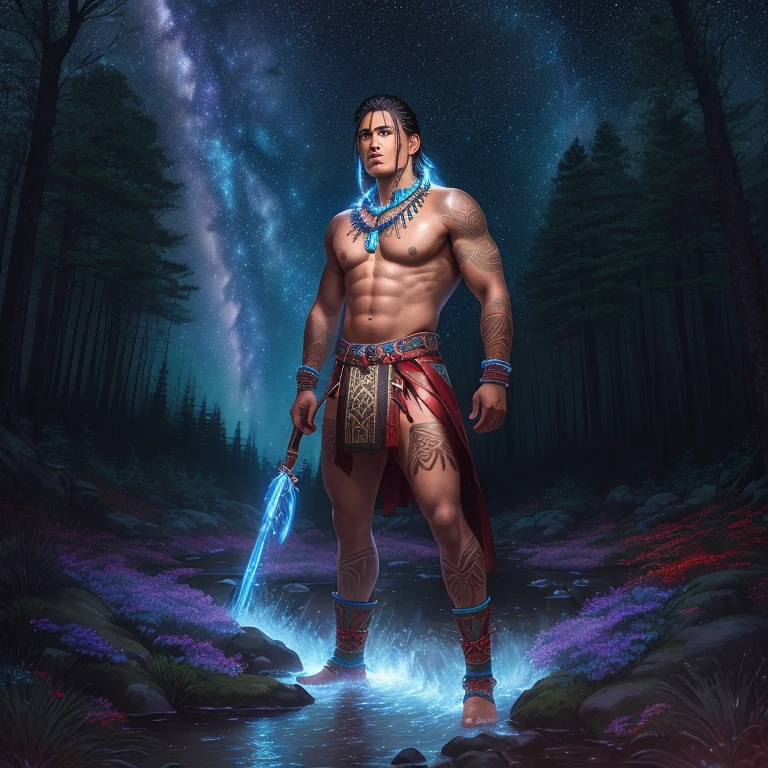 Strong indigenous male warrior standing in a forest with a swirling starry sky, galaxy, forest, glowing flowers, towering trees, water way, flowing creek, no shirt, wearing long brief cloth, beaded necklace, red skin tattoos, wearing knee-high leather moccasins, ethereal, high definition, dreamlike