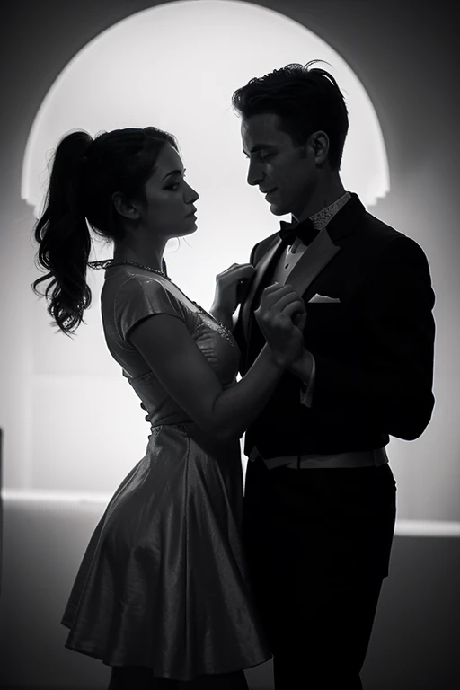 couple of a man and a woman in a dress dancing in thermal infrared with a dark background
