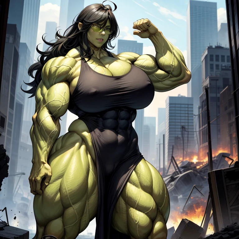 A very big, buff, giant, female bodybuilder, she hulk, green skin, black hair, with huge arms and huge legs, big boobs, flexing her enormous, giant muscles, wearing reading glasses and a ripped dress, naked giant boobs, ruined city, city destruction, burning crushed cars, photorealistic