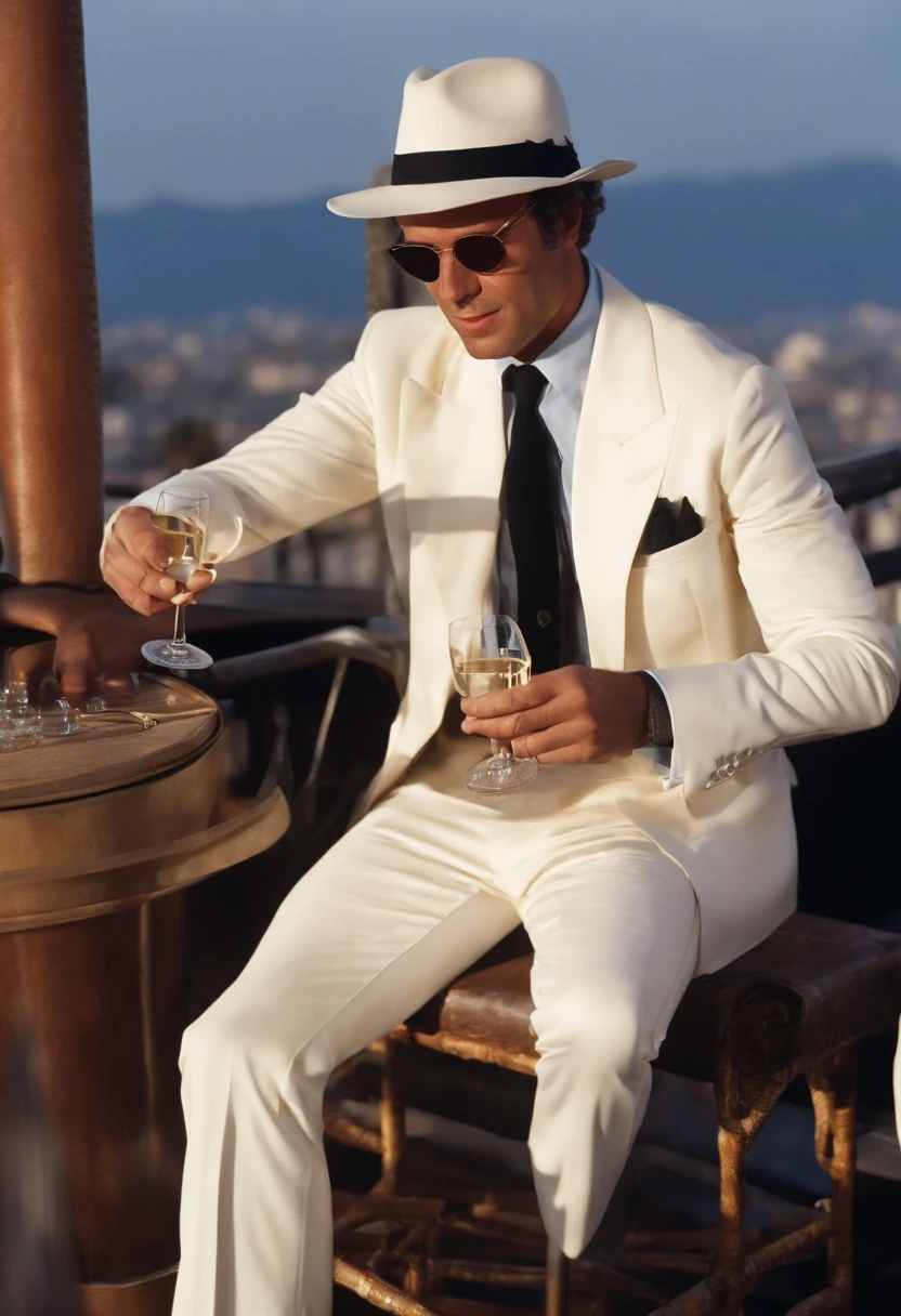 A photo of René sipping champagne at a trendy rooftop bar,Raiders of the Lost Ark,René is a tall man, with blue eyes, short dark grey curly hair, wears white suits, wears a white fedora, famously portrayed by a young Paul Freeman
