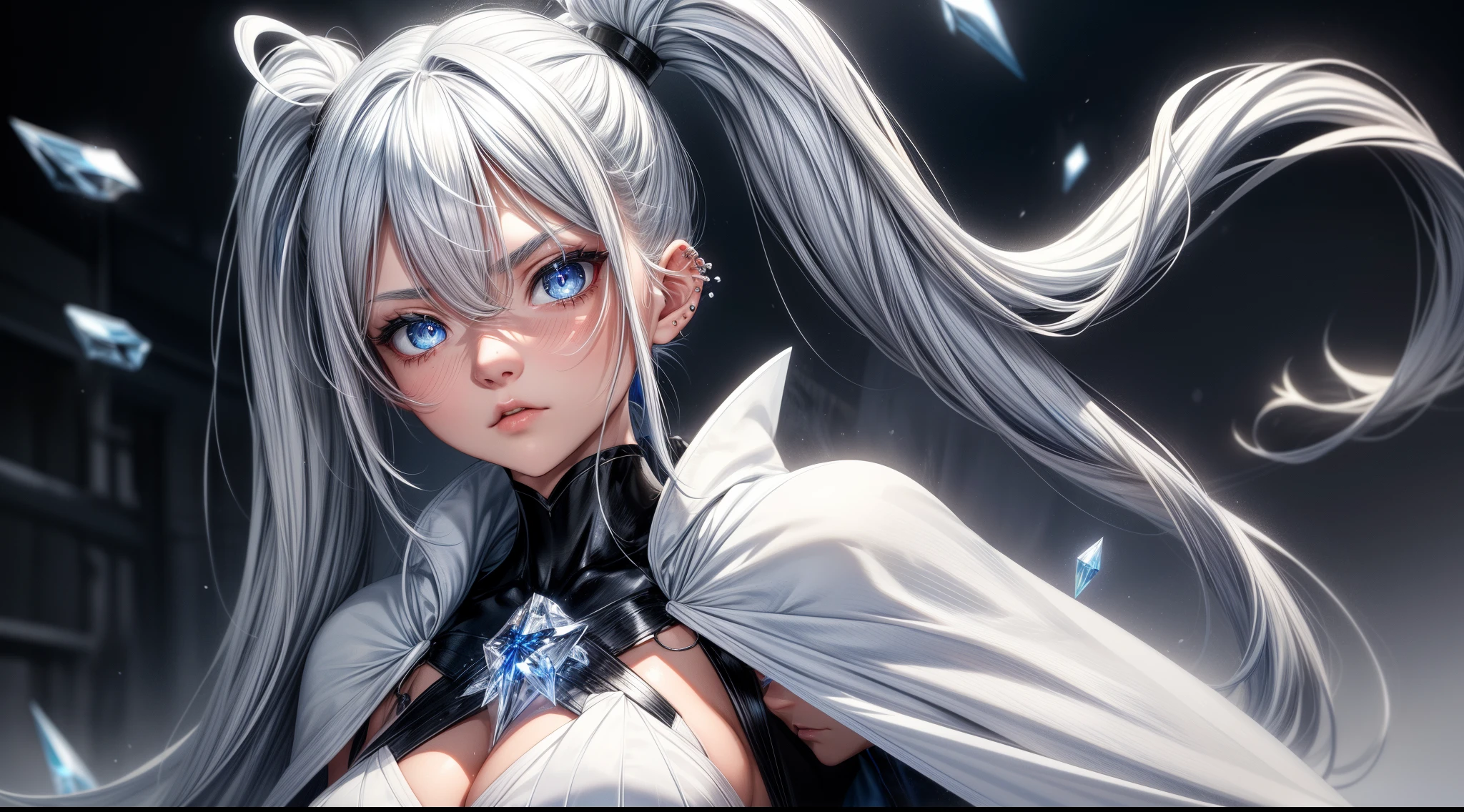 (a)woman,young,19 years old,ponytail white hair,(twintail:white hair:1.1),skin as white as snow,cold gaze,black clothes,[grey robe],cape,half body,(background:blue lights),(blue-eyed:crystal eyes),(ice blue eyes),(icy:blue eyes),(intense:blue eyes),(crystal clear eyes),(intense gaze),(sharp gaze),(piercing gaze)