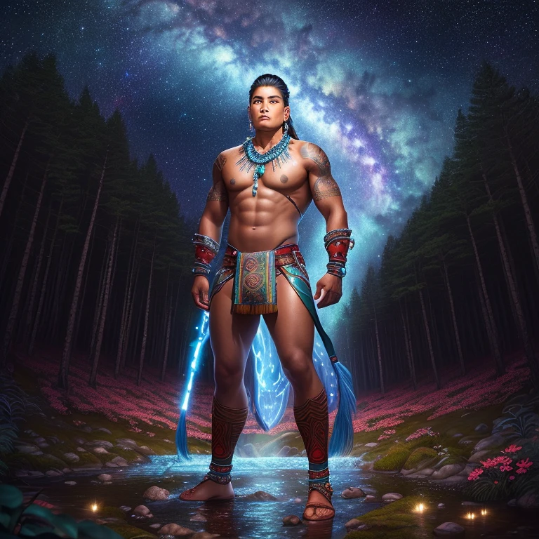 Strong indigenous male warrior standing in a forest with a swirling starry sky, galaxy, forest, glowing flowers, towering trees, water way, flowing creek, no shirt, wearing long brief cloth, beaded necklace, red skin tattoos, wearing knee-high leather moccasins, ethereal, high definition, dreamlike