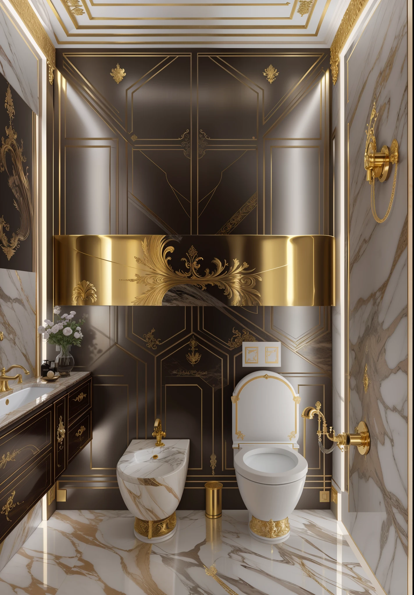 there is a bathroom with a toilet and a sink in it, wooden walls brass panels, gold and luxury materials, golden toilet, premium bathroom design, magnificent design, modern design, baroque marble and gold in space, inspiration, wood and gold details, brass pipes on the walls, elegant and ornate, made of liquid metal and marble, elegant and refined