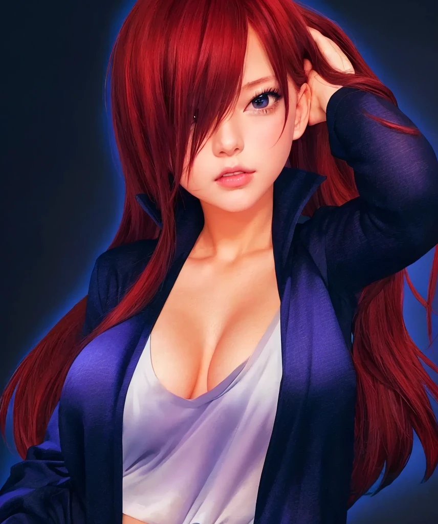 anime girl with red hair and wearing blue gym cloth, white t-shirt, Erza scarlet as a real person, digital anime art!!, [ 4 k digital art ]!!, seductive anime girl, looking at viewer, realistic anime art style, digital anime art, digital anime illustration, anime digital art, hdr, hyper realistic, realistic art