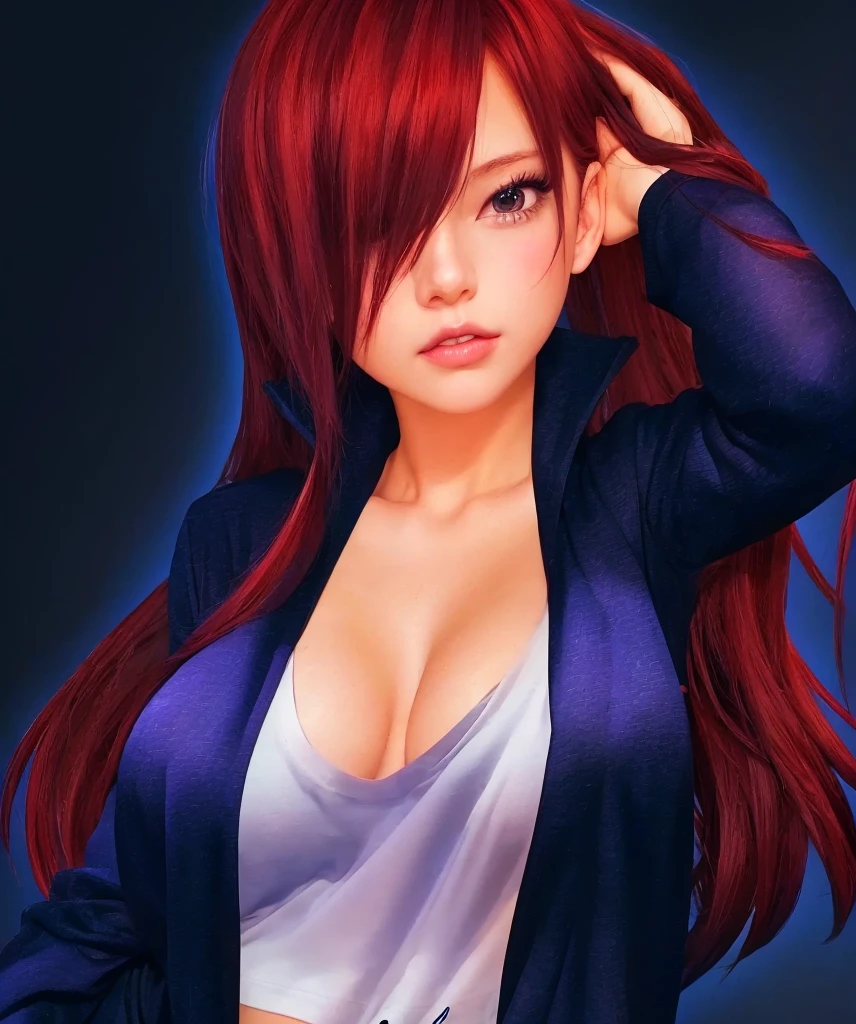 anime girl with red hair and wearing blue gym cloth, white t-shirt, Erza scarlet as a real person, digital anime art!!, [ 4 k digital art ]!!, seductive anime girl, looking at viewer, realistic anime art style, digital anime art, digital anime illustration, anime digital art, hdr, hyper realistic, realistic art