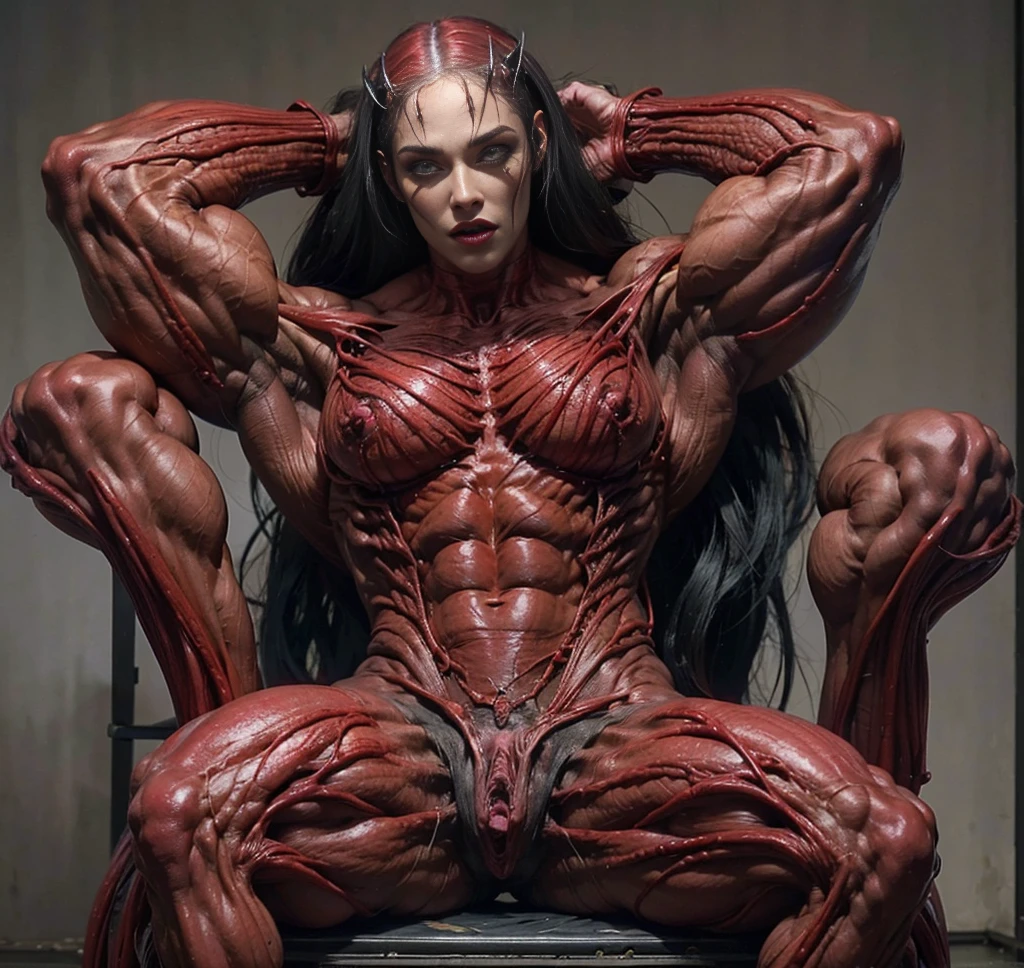 (1 skinless girl), (carnage skinless physique:1.5), (megan-fox:1.5), (1 super muscular undead skinless succubus with gigantic horns:1.5), (covered in red necrotic rotting skinless muscle:1.5), (exposed muscular anatomy:1.5), (perfect fingers:1.25),(8k, RAW photo, photorealistic:1.25), dark horrific scary atmosphere, hellish landscape, Hellraiser like atmosphere,, by bernie wrightson and christos achilleos and thomas cook; 64k