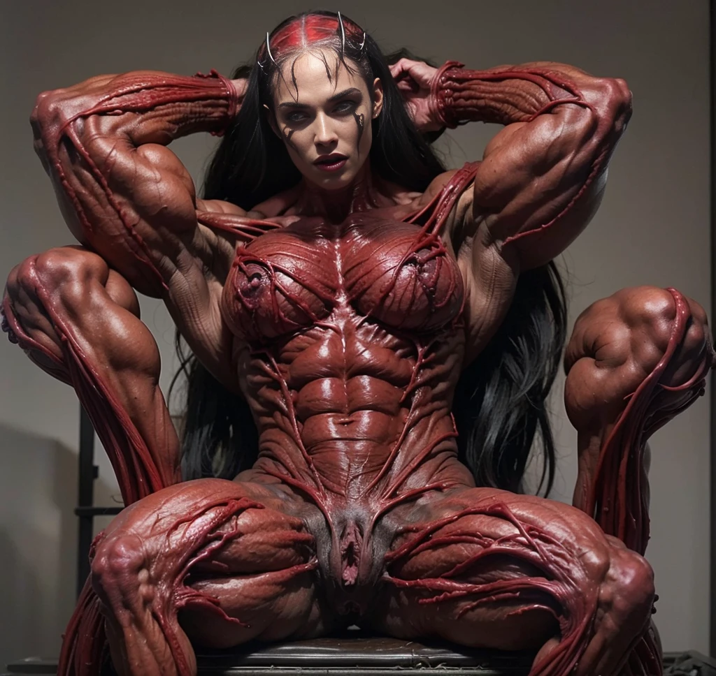 (1 skinless girl), (carnage skinless physique:1.5), (megan-fox:1.5), (1 super muscular undead skinless succubus with gigantic horns:1.5), (covered in red necrotic rotting skinless muscle:1.5), (exposed muscular anatomy:1.5), (perfect fingers:1.25),(8k, RAW photo, photorealistic:1.25), dark horrific scary atmosphere, hellish landscape, Hellraiser like atmosphere,, by bernie wrightson and christos achilleos and thomas cook; 64k