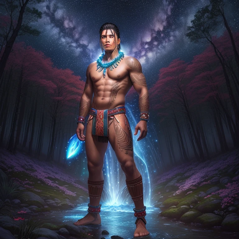 Strong indigenous male warrior standing in a forest with a swirling starry sky, galaxy, forest, glowing flowers, towering trees, water way, flowing creek, no shirt, wearing long brief cloth, beaded necklace, red skin tattoos, wearing knee-high leather moccasins, ethereal, high definition, dreamlike
