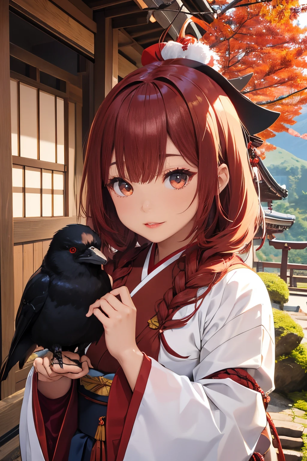 ((in the mountains of japan:1))、((on a tree))、sexy female crow tengu、Japanese traditional UMA tengu, sexy japanese monk costume, Sexy brown skin, Nice sexy body、tanned healthy sexy skin、One lady、Red hair ornament、((Black Japanese style sexy costume:1))、with the crow