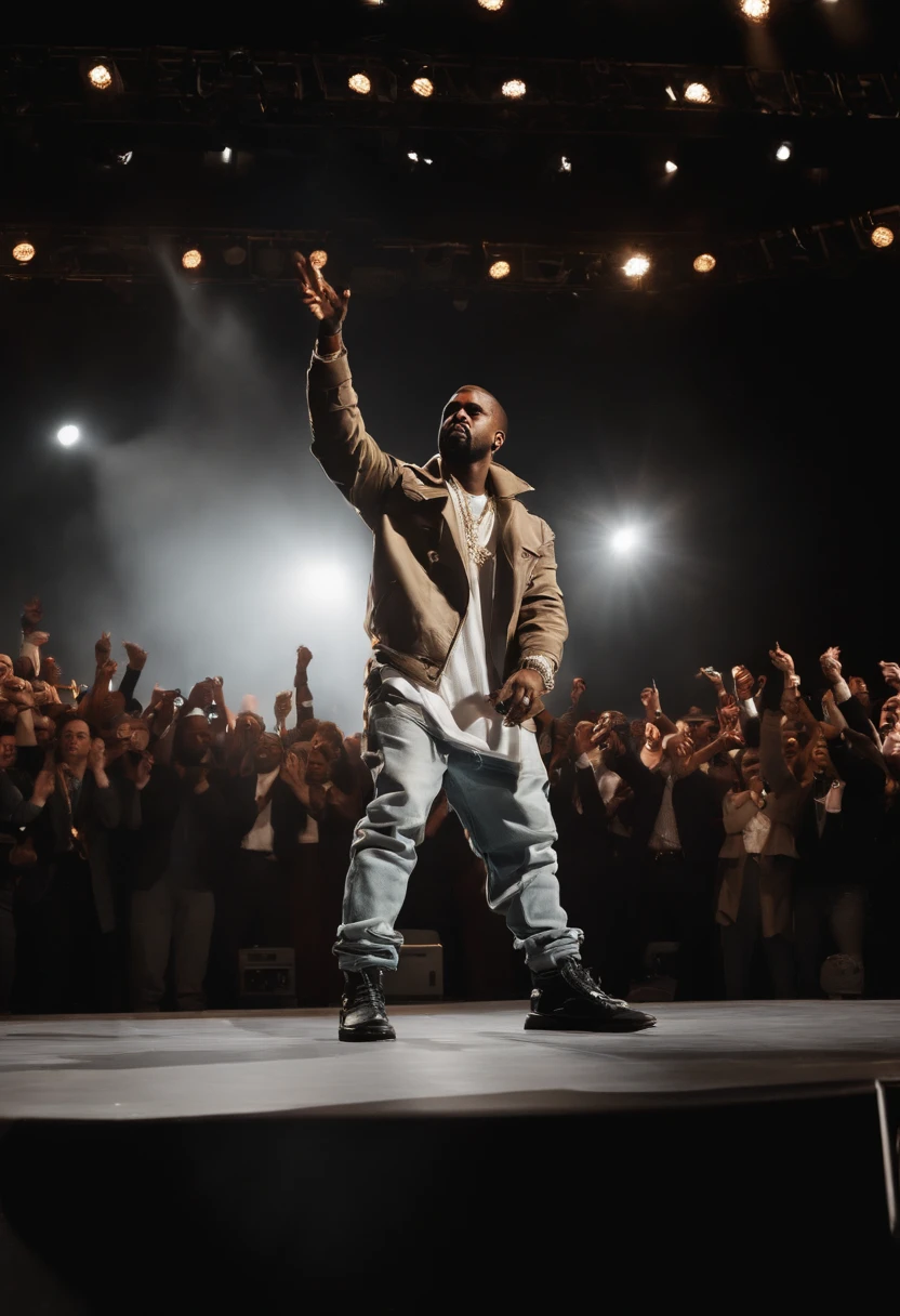 A photo of Kanye West standing on a stage, commanding the attention of a large crowd, with a spotlight shining on him.,original,Kanye’s appearance is dynamic and fashion-forward, often experimenting with different styles and setting trends in the music and fashion industries. He possesses a passionate dedication to his craft, constantly pushing the boundaries of music, design, and art. West’s creativity is not just limited to his music; he has ventured into fashion and other entrepreneurial endeavors, showing a keen business acumen.