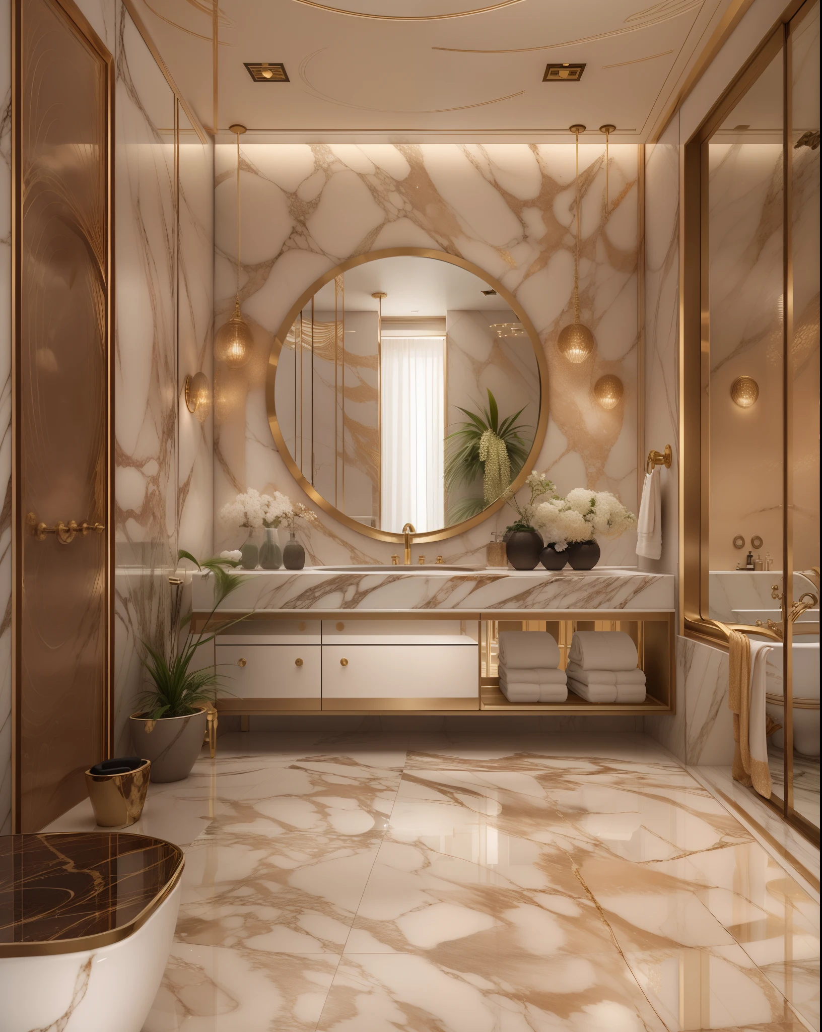 a close up of a bathroom with a marble floor and a round mirror, premium bathroom design, mirror and glass surfaces, gold and luxury materials, modern bathroom, luxurious environment, modern design, elegant and refined, luxury hd render, excellent 3d render, high quality 3d render, high quality 3 d render, smooth marble surfaces, modern look, marble material, luxurious