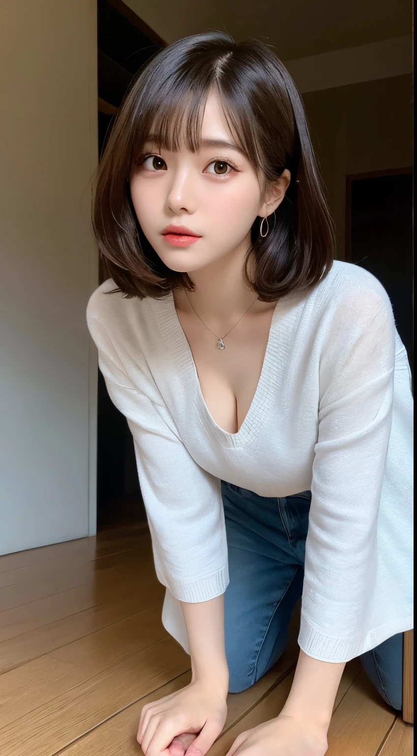 finely detail, hight resolution, hightquality、Perfect dynamic composition, Beautiful detailed eyes, Medium Hair, small tits、Natural Color Lip,Kamimei、The background is the wall of the room、20 years girl、1 persons、Transparent skin、Glowing hair、masutepiece, Best Quality, Illustration, Ultra-detailed, finely detail, hight resolution, 8K、The correct state of the human body、Crouch down、pretty pose,dishevled hair,beauty legs,Perfect beautiful face,KPOP Idol Face,blur backgroun,