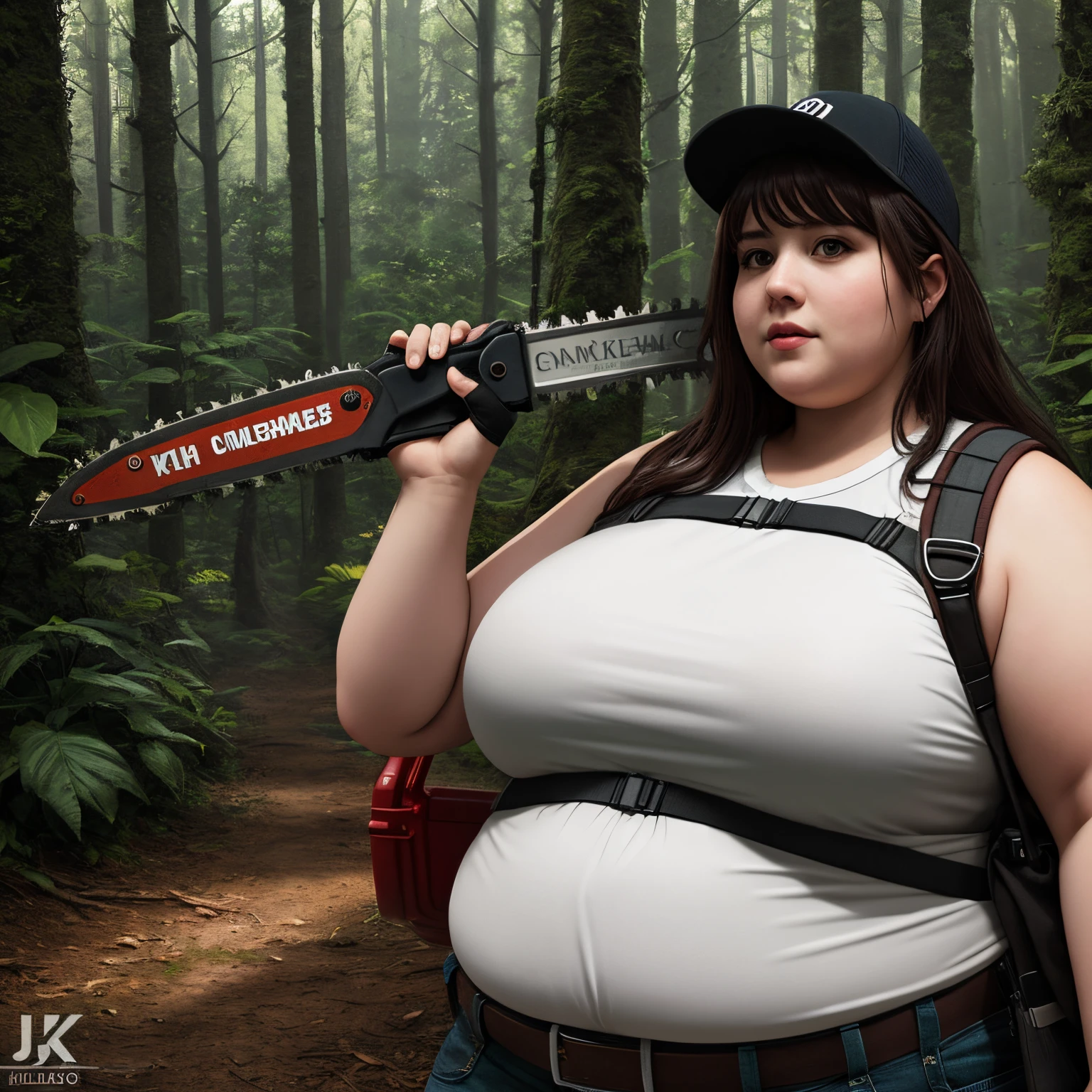 a fat woman holding a chainsaw, best quality, intricate detail, masterpiece, 8k, ultra detail, hyper realistis, deep forest environment, 4D