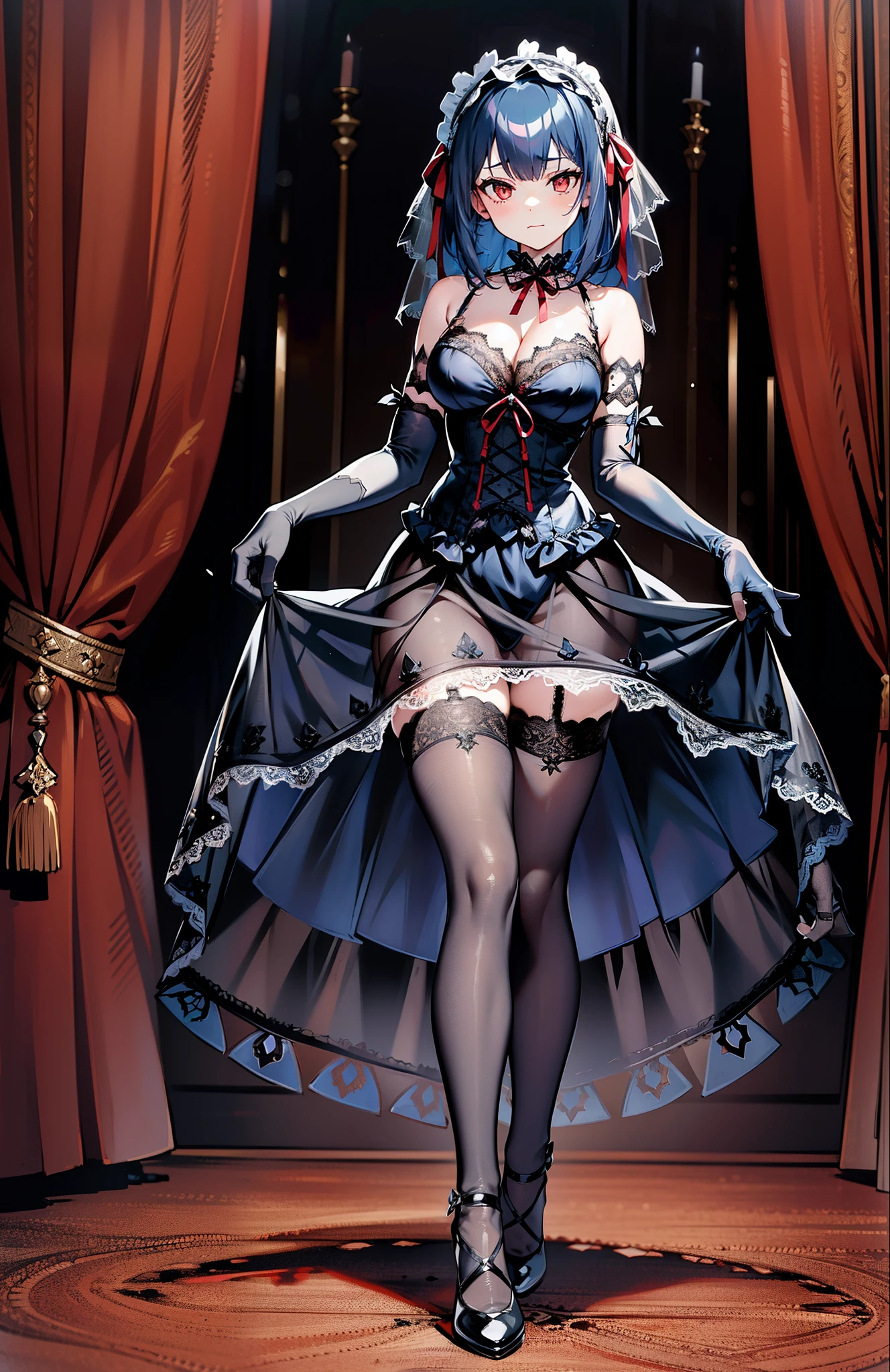 girl,beautiful face, ((medium hair)), best quality, ta hairband, living room, {{{gothic loli}, facing viewer, expressionless, mind control, affectionate, mature female, messy hair, {{{dark blue hair}}}, ((blue hair)),medium breasts, (((red eyes))), {{{black clothes}}}, lace-trimmed gloves, lace-trimmed dress, gothic, the pose, v arms, clenched hands, detailed eyes, full body, evil smile, (((((elbow gloves))))), {{leg ribbon}}, frills, masterpiece,short sleeves, dark room, lace-trimmed sleeves, giggling, standing, see-through skirt, pantyhose, lolita fon, juliet sleeves, evening, night, victorian, pigeon-toed, ((see-through cleavage)),((((black gloves)))),{{{{{covered breasts}}}}},full bodystocking covering breasts