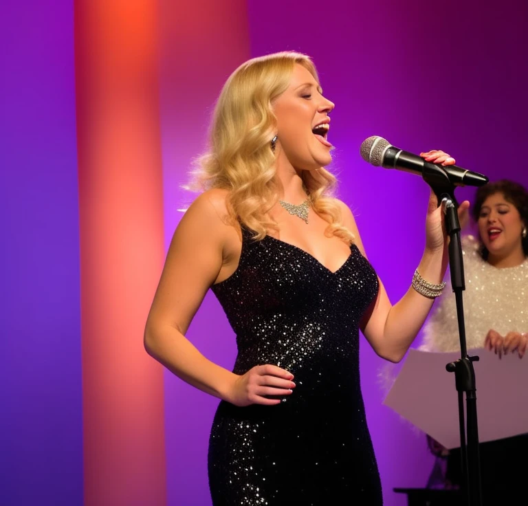 blond blond woman in a sequinned dress singing into a microphone, performing on stage, performing, profile image, live performance, singing at a opera house, by Matt Cavotta, singing for you, on stage, by Juliette Wytsman, by Joy Garnett, by Edna Mann, by Jacqui Morgan, vocalist, by Jeanna bauck, profile pic