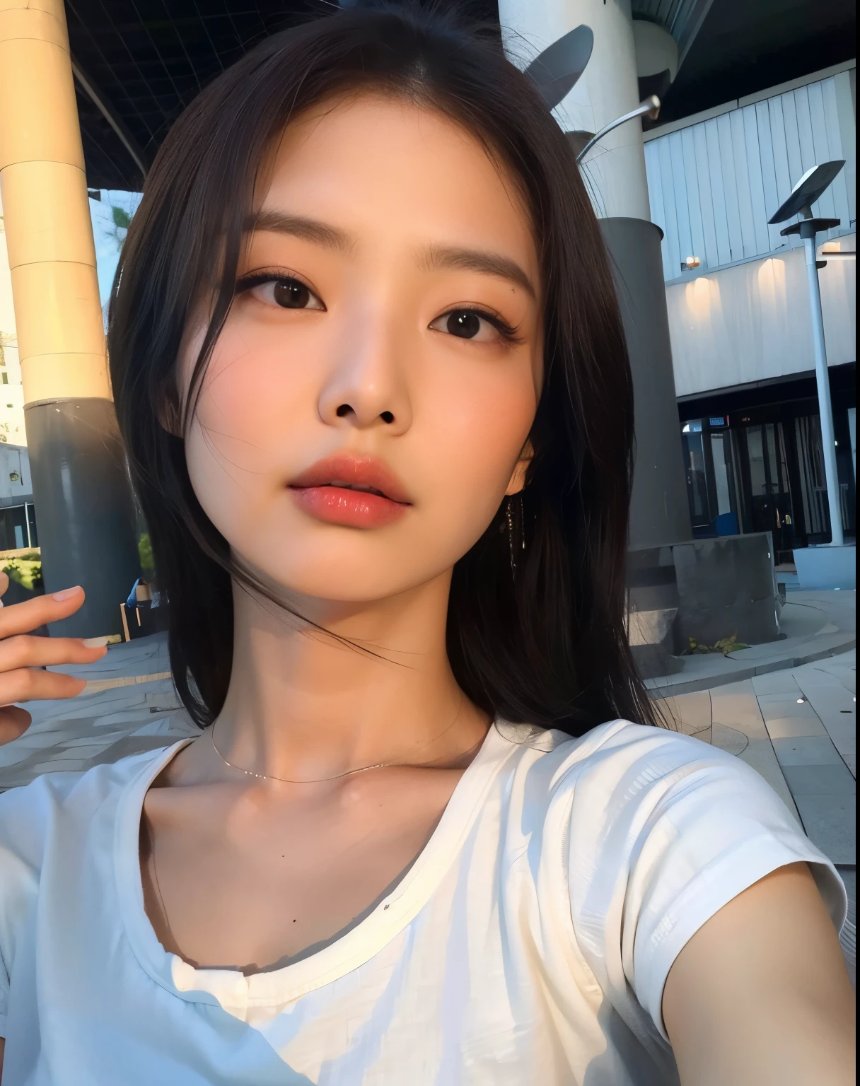 ((top-quality)), long legged, foco nítido:1.2, Beautiful woman with perfect body shape:1.4, Slender Abs:1.1, ((dark brown hair、Colossal :1.2)), (Shiny Silver Tight T-Shirt, The sheen、Standing Black Spats:1.2), ((On the rooftop:1.3)), Detailed face and skin texture, A detailed eye,