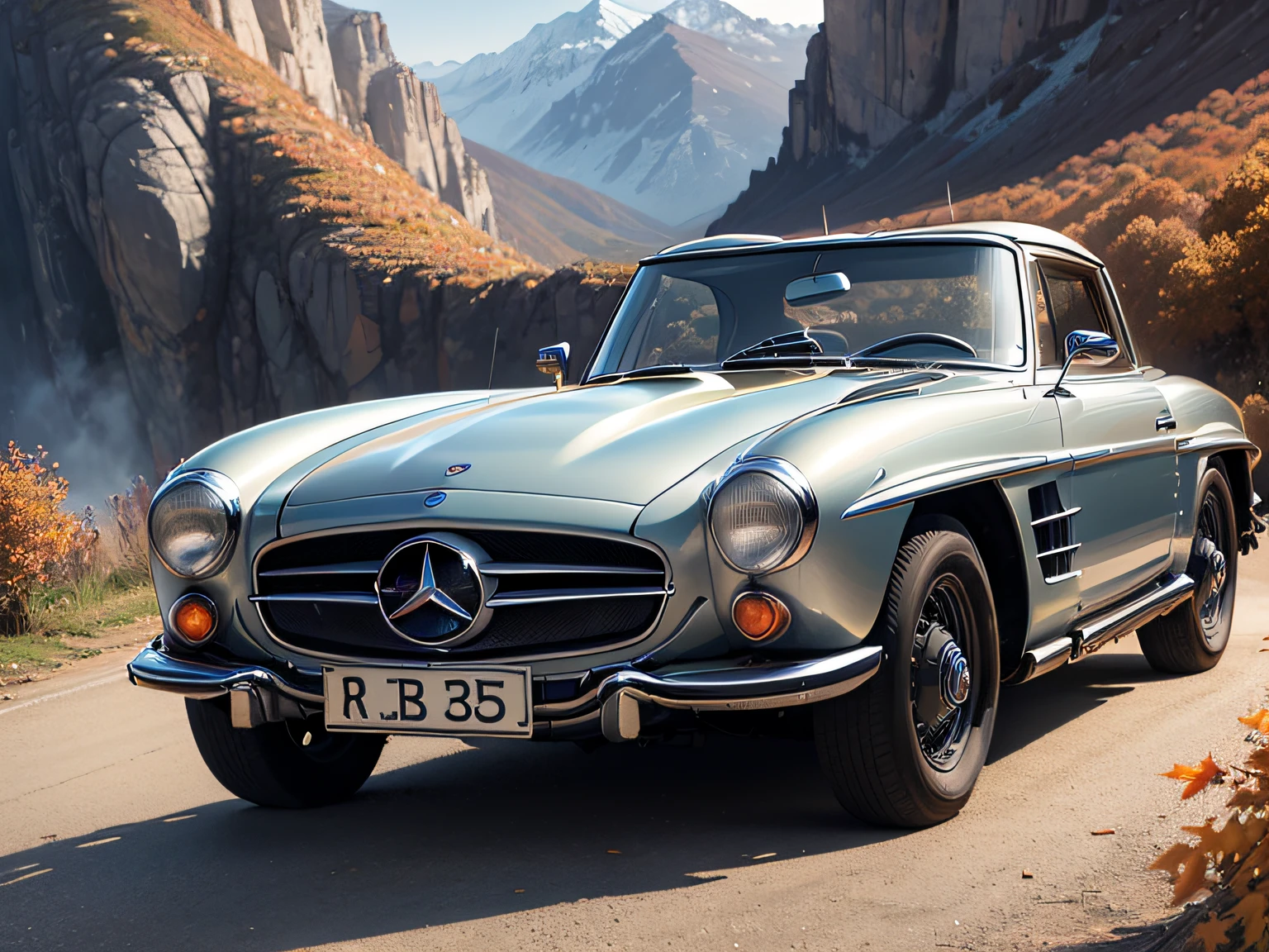 超A high resolution、An ultra-high picture quality、8K、Detailed details、marvelous expression、Late autumn valley、Beautiful autumn leaves、A blue car elegantly runs along a mountain pass road、((Mercedes-Benz 300SLR Uhlenhout Coupe))