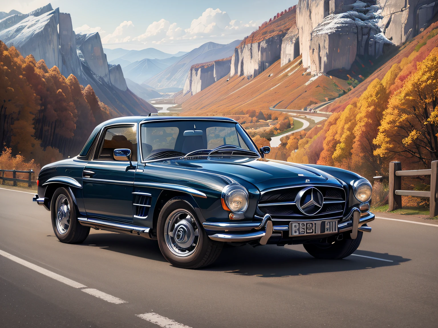 超A high resolution、An ultra-high picture quality、8K、Detailed details、marvelous expression、Late autumn valley、Beautiful autumn leaves、A blue car elegantly runs along a mountain pass road、((Mercedes-Benz 300SLR Uhlenhout Coupe))