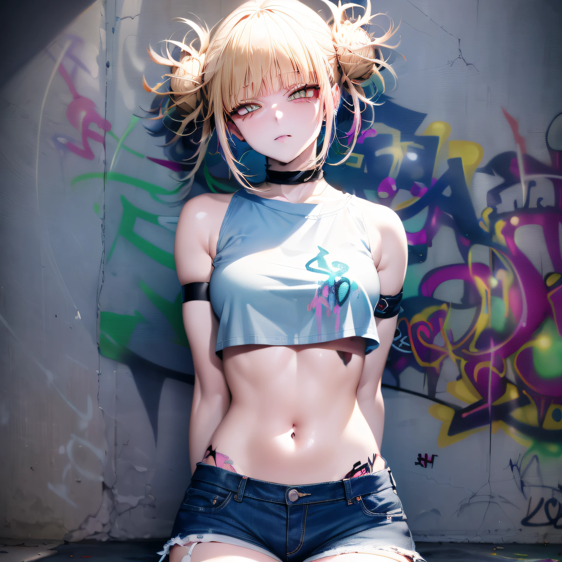 masterpiece, best quality, (extremely detailed CG unity 8k wallpaper, masterpiece, best quality, ultra-detailed, masterpiece, best quality, 1girl, solo, crop top, denim shorts, choker, (graffiti:1.5), paint splatter, arms behind back, against wall, looking at viewer, armband, thigh strap, paint on body, head tilt, bored, multicolored hair, aqua eyes, headset, Himiko Toga , clear eyes,